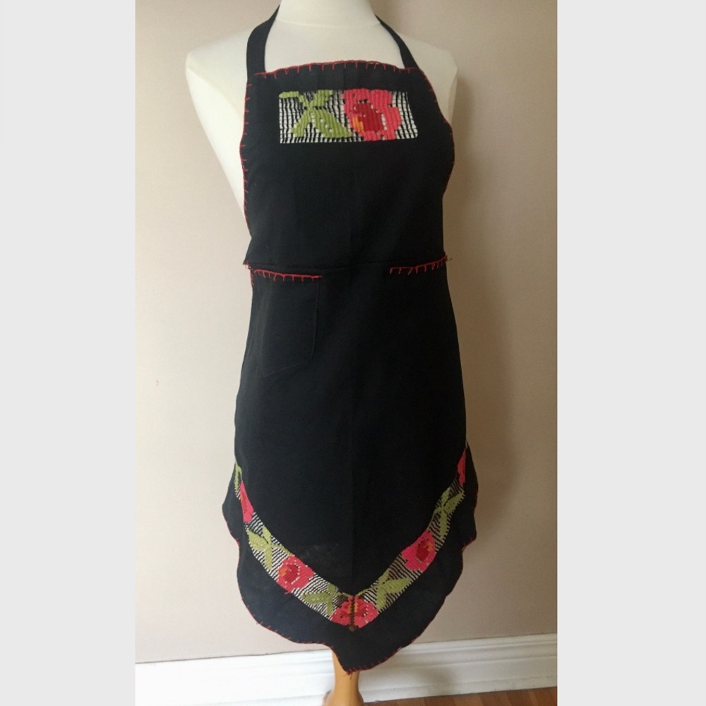 Vintage Full Bib Apron 1940’s 50’s Black Net Flower Embroidery